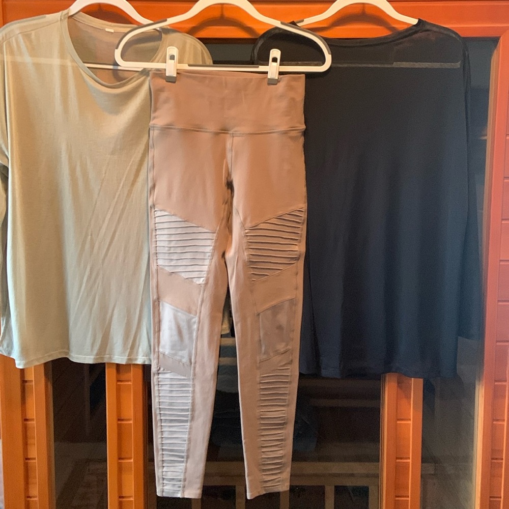 Alo Yoga bundle: taupe Moto leggings and 2 sheer long sleeve shirts sz Medium